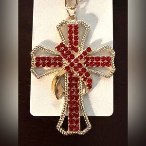 Red Rhinestones Cross Handbag Charm NIP Christian Faith Gold Tone Keychain